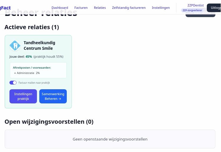 Relaties-pagina — actieve koppeling na acceptatie